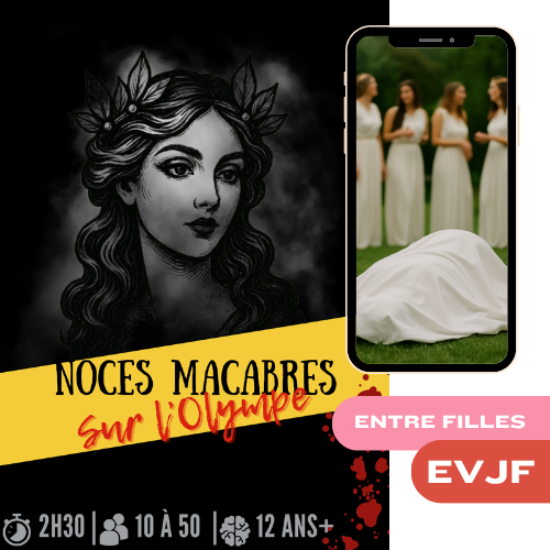 Kit Murder Party Noces Macabres sur l'Olympe – jeu d’enquête 10 à 50 joueurs dès 12 ans, durée 2h30