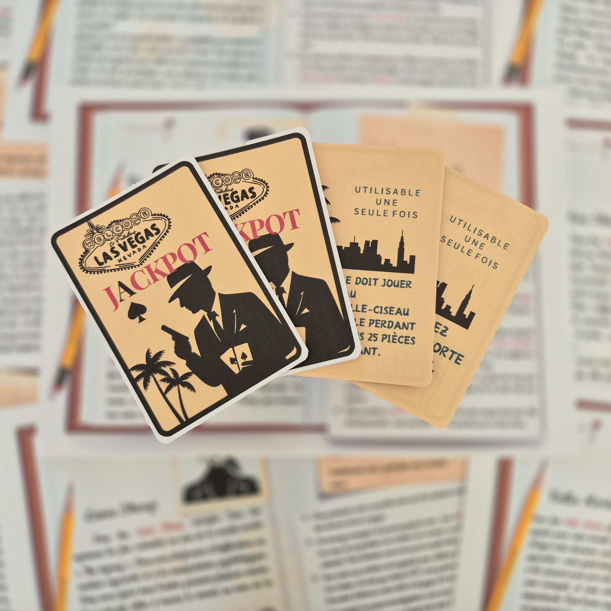 Cartes de jeu murder party – indices, pouvoirs et ressources pour animer une soirée enquête.