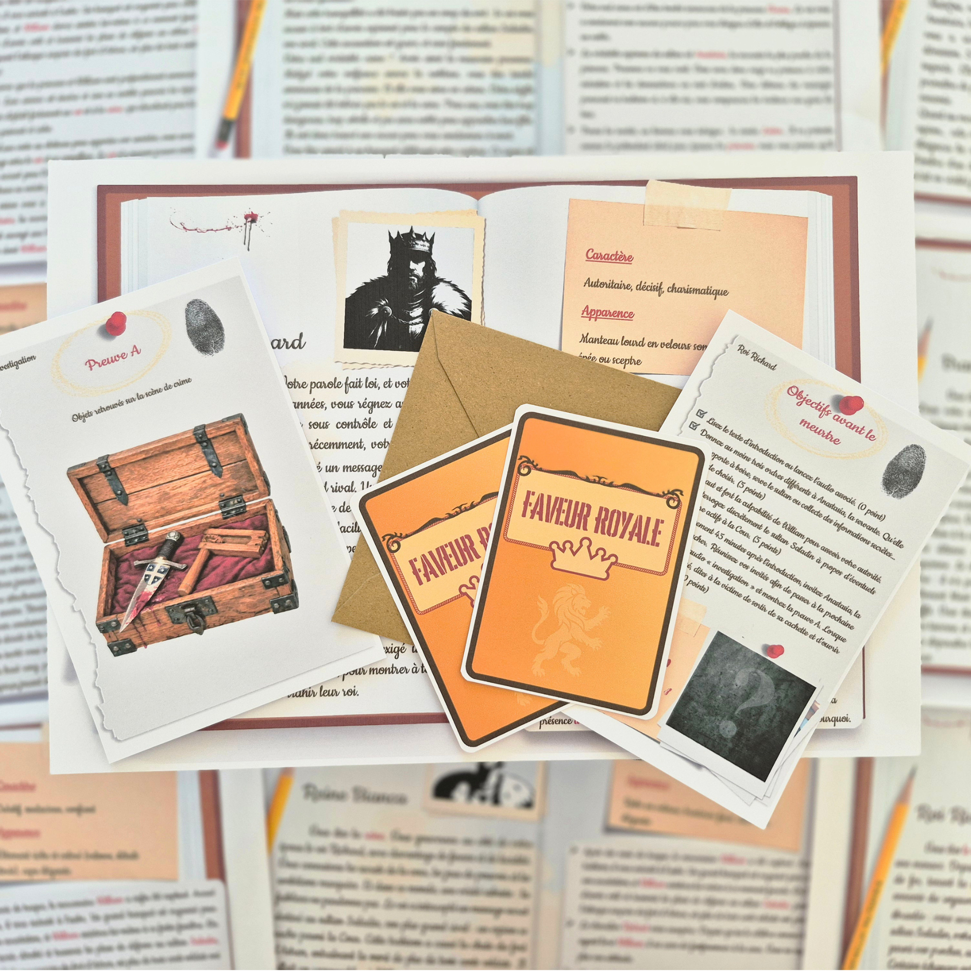 Kit personnage murder party médiéval – fiches de rôle individuelles pour soirée enquête à imprimer.