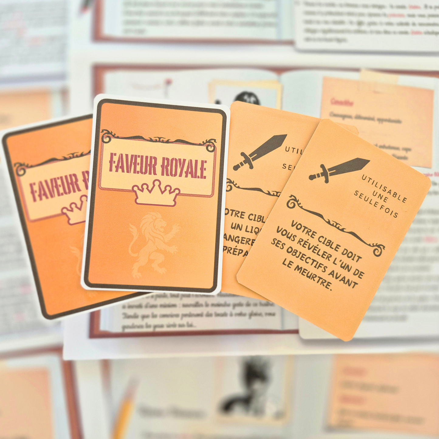 Cartes de jeu murder party médiéval – indices, pouvoirs et ressources pour animer une soirée enquête.