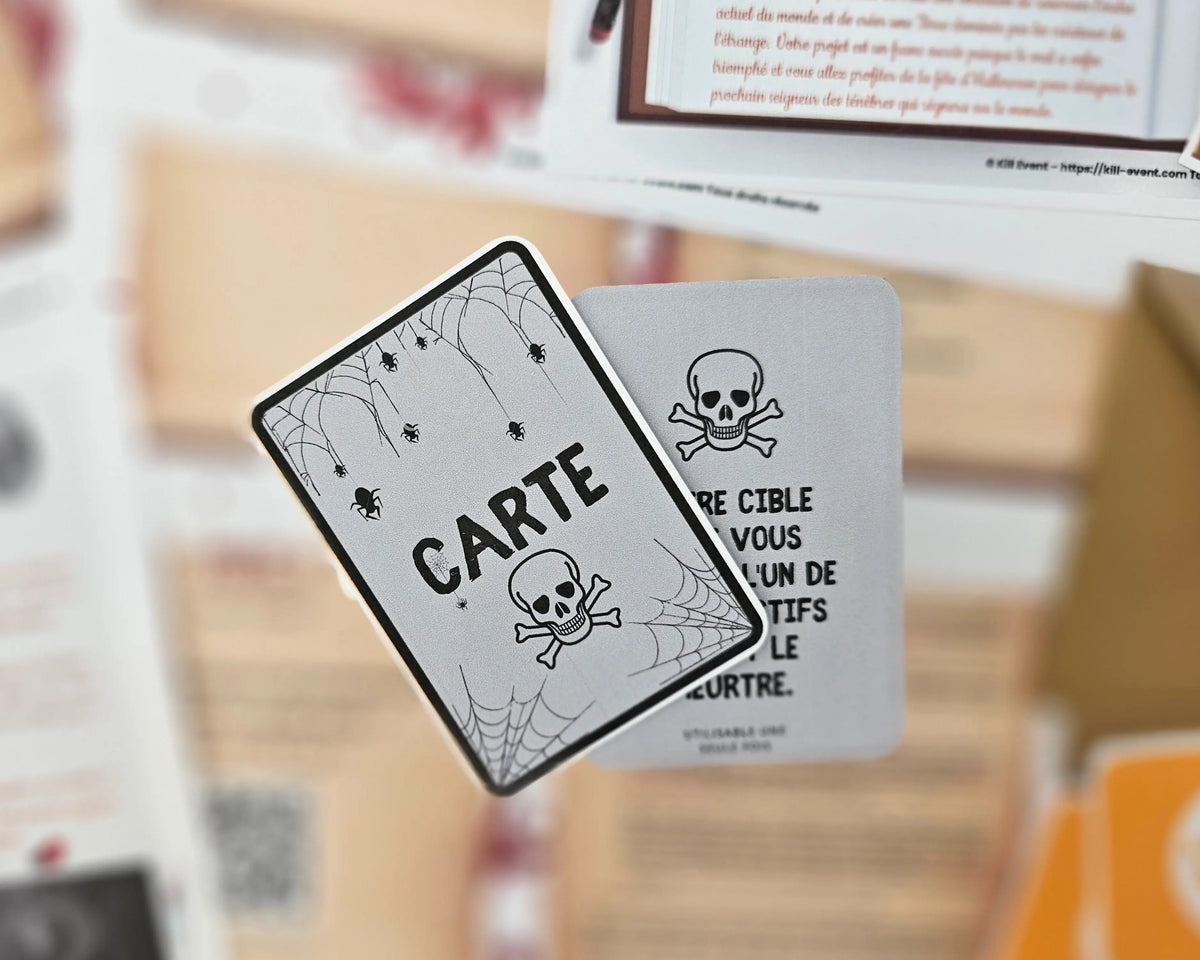 Cartes d'action et pouvoirs secrets avec motif tête de mort pour la murder party Terreur en Transylvanie par Kill Event