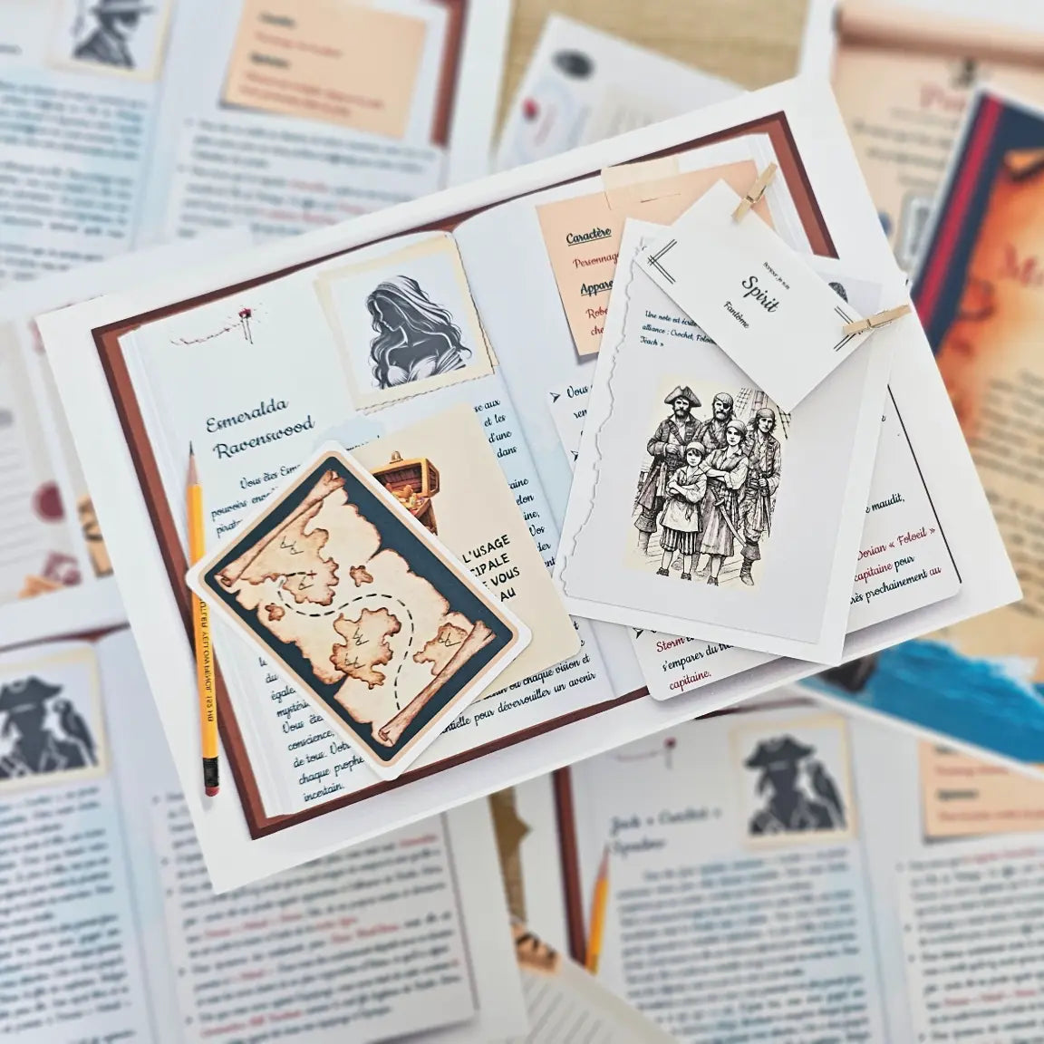 Matériel du kit murder party Meurtre à Tribord – fiches de personnages pirates, journal de détective et cartes d'action Kill Event