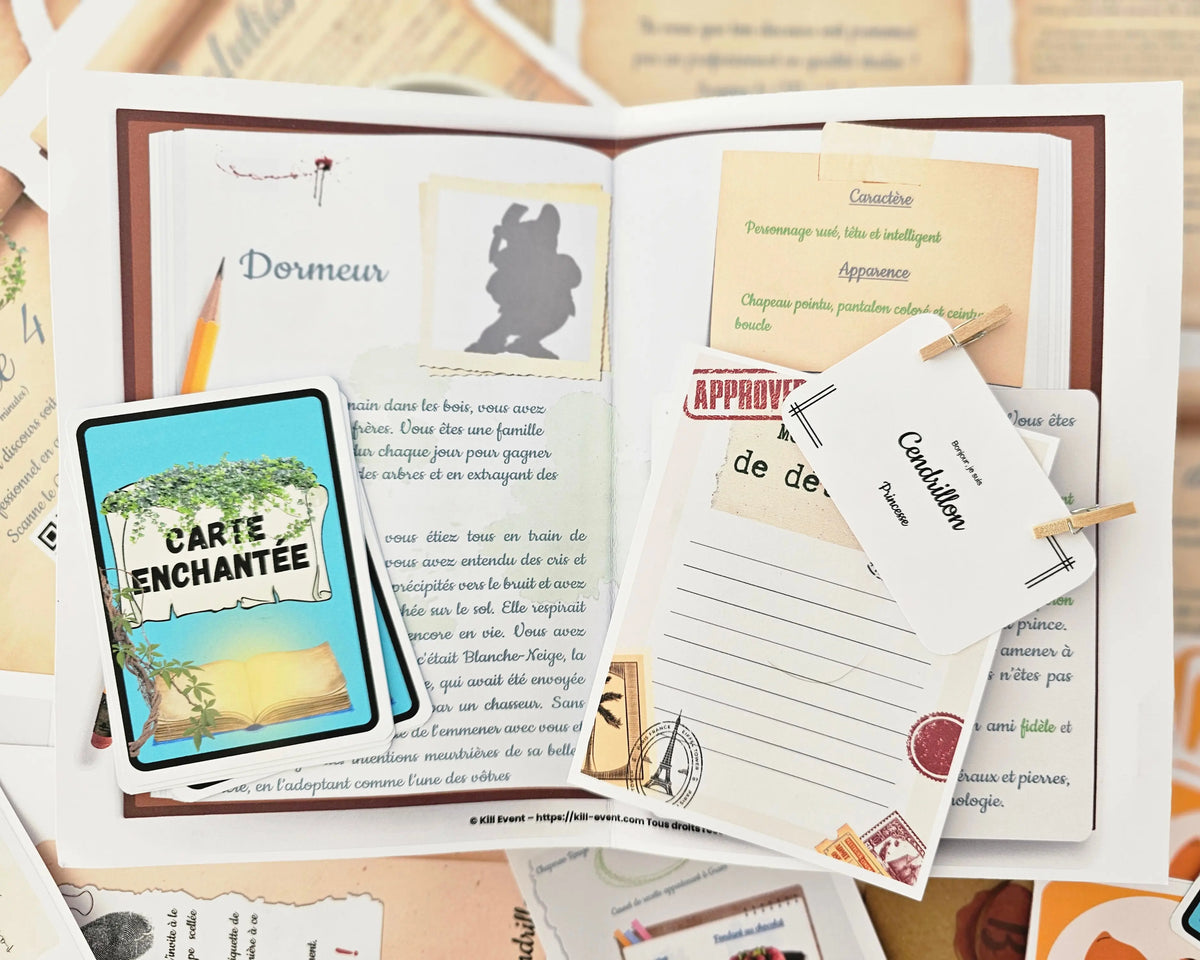 Matériel du kit murder party Meurtre au Royaume – fiches de rôle contes de fées, carnet de détective et Carte Enchantée Kill Event