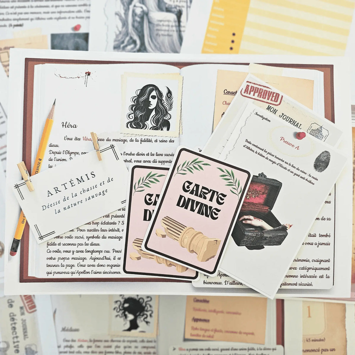 Matériel du kit murder party Noces Macabres sur l'Olympe – fiches de personnages déesses Héra et Artémis, cartes d'action et preuves Kill Event