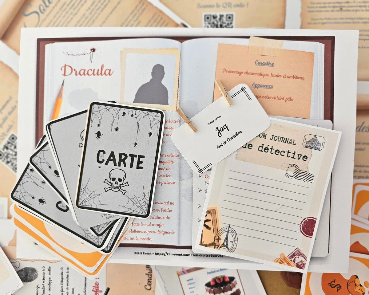 Matériel du kit murder party Terreur en Transylvanie – fiches de personnages vampires, journal de détective et cartes d'action Kill Event