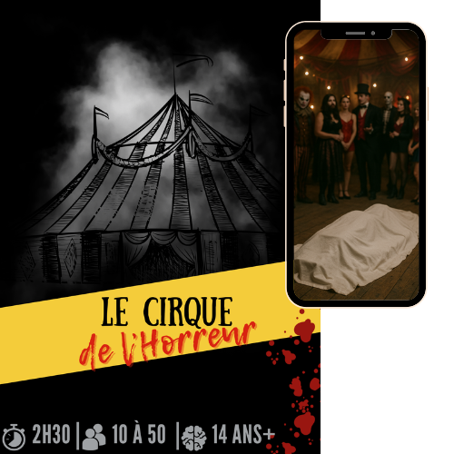Affiche illustration murder party le cirque de l'horreur, photos joueurs 