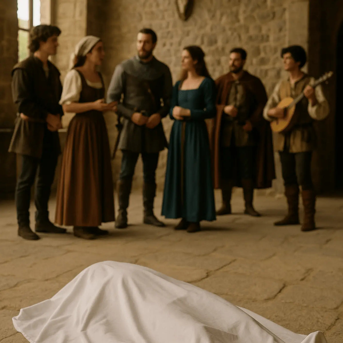 Mise en scène d'une murder party médiévale avec six joueurs costumés entourant un faux cadavre recouvert d'un drap blanc. Un barde joue du luth en arrière-plan. Kit de jeu d'enquête Kill Event