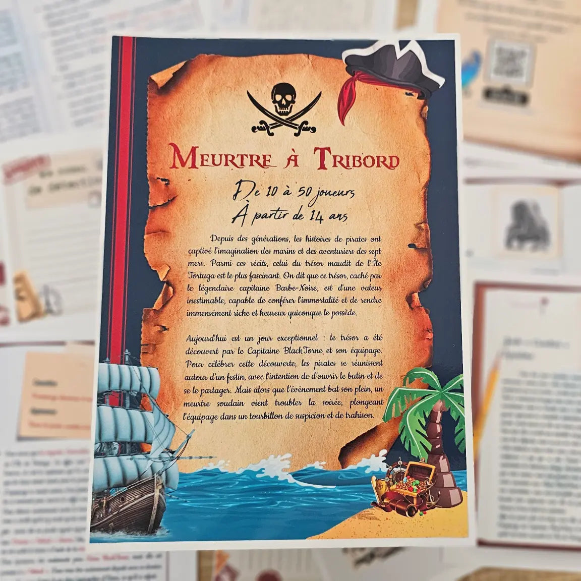 Fiche scénario du kit murder party Meurtre à Tribord – présentation du thème pirates, résumé et jeu d’enquête Kill Event