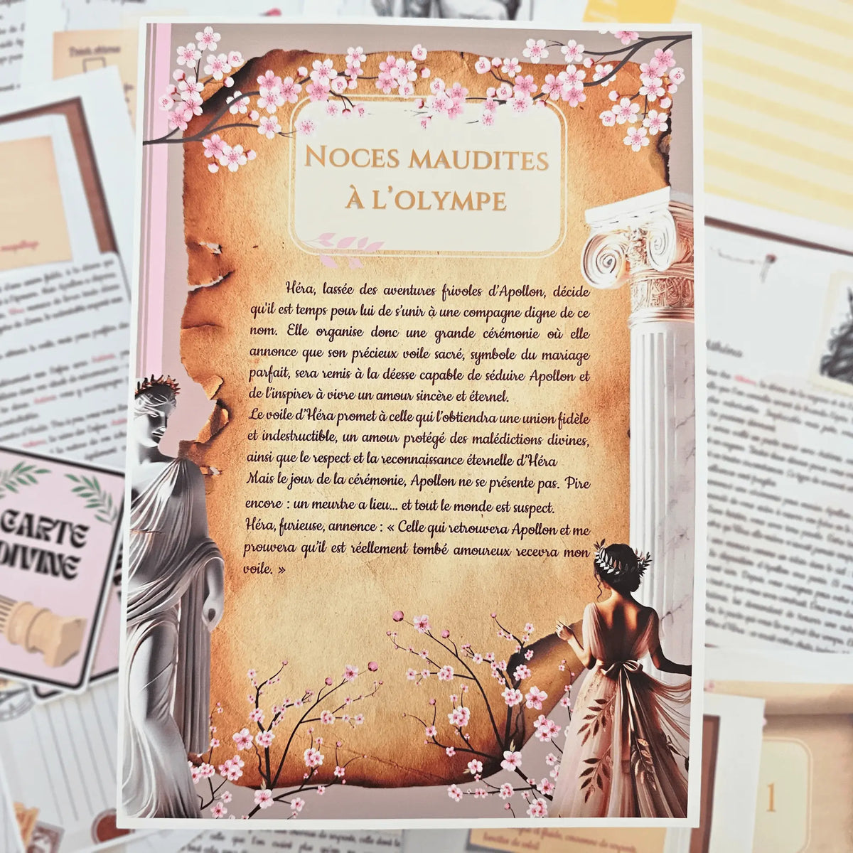 Fiche scénario du kit murder party Noces Maudites à l'Olympe – présentation du thème mythologie grecque, résumé et jeu d’enquête Kill Event