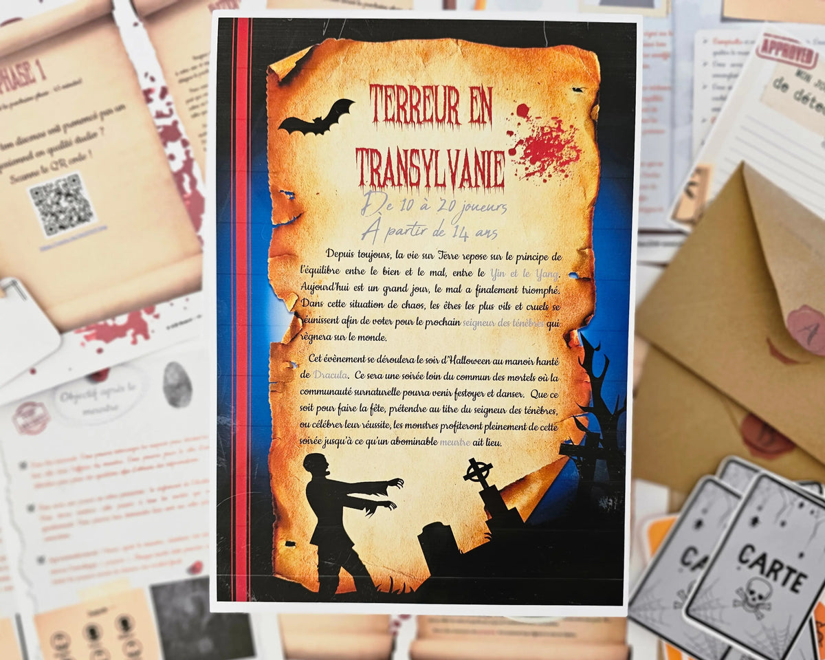 Fiche scénario du kit murder party Terreur en Transylvanie – présentation du thème vampires et monstres, résumé et jeu d’enquête Kill Event