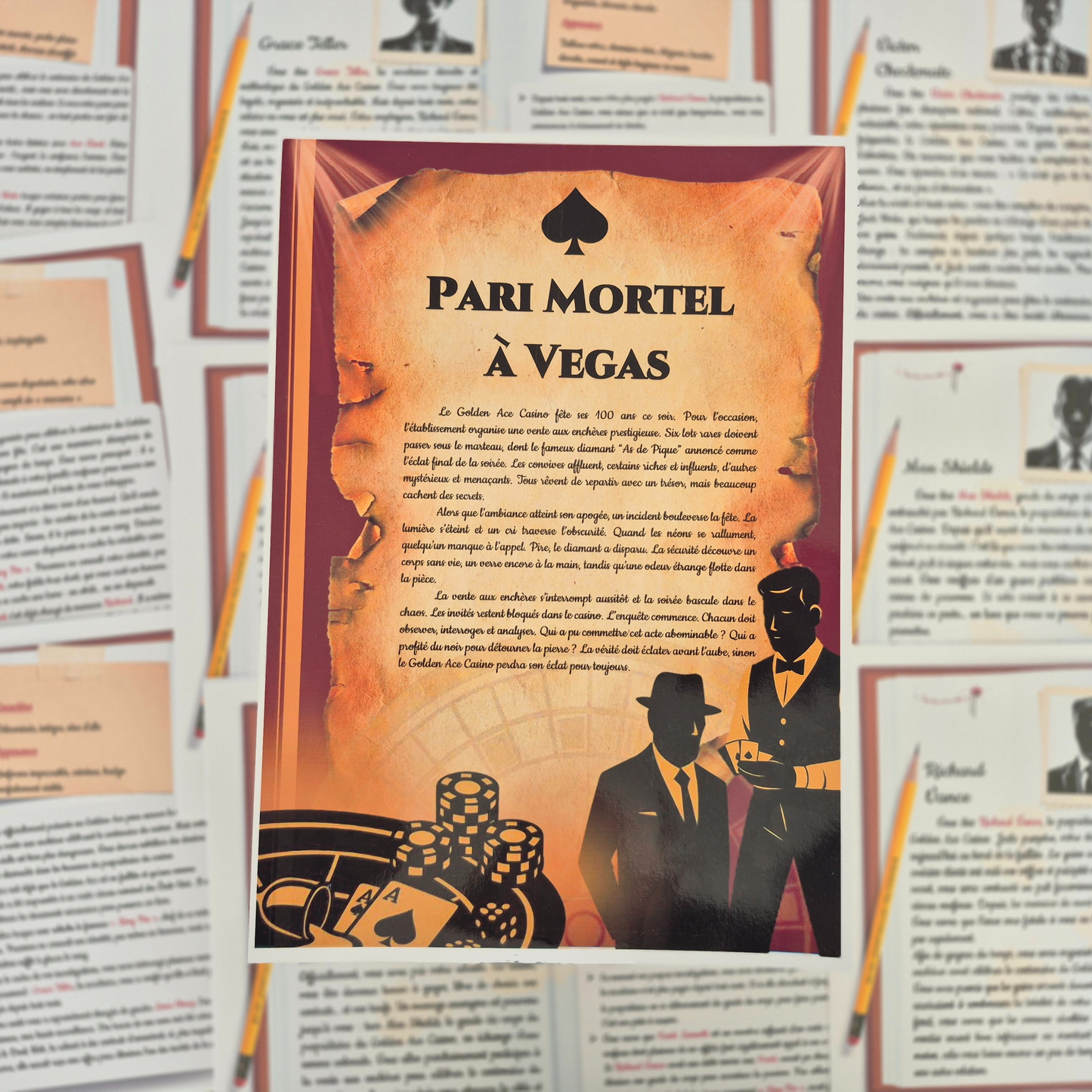 Fiche scénario de murder party imprimée – présentation du thème, résumé et ambiance du jeu d’enquête Kill Event.