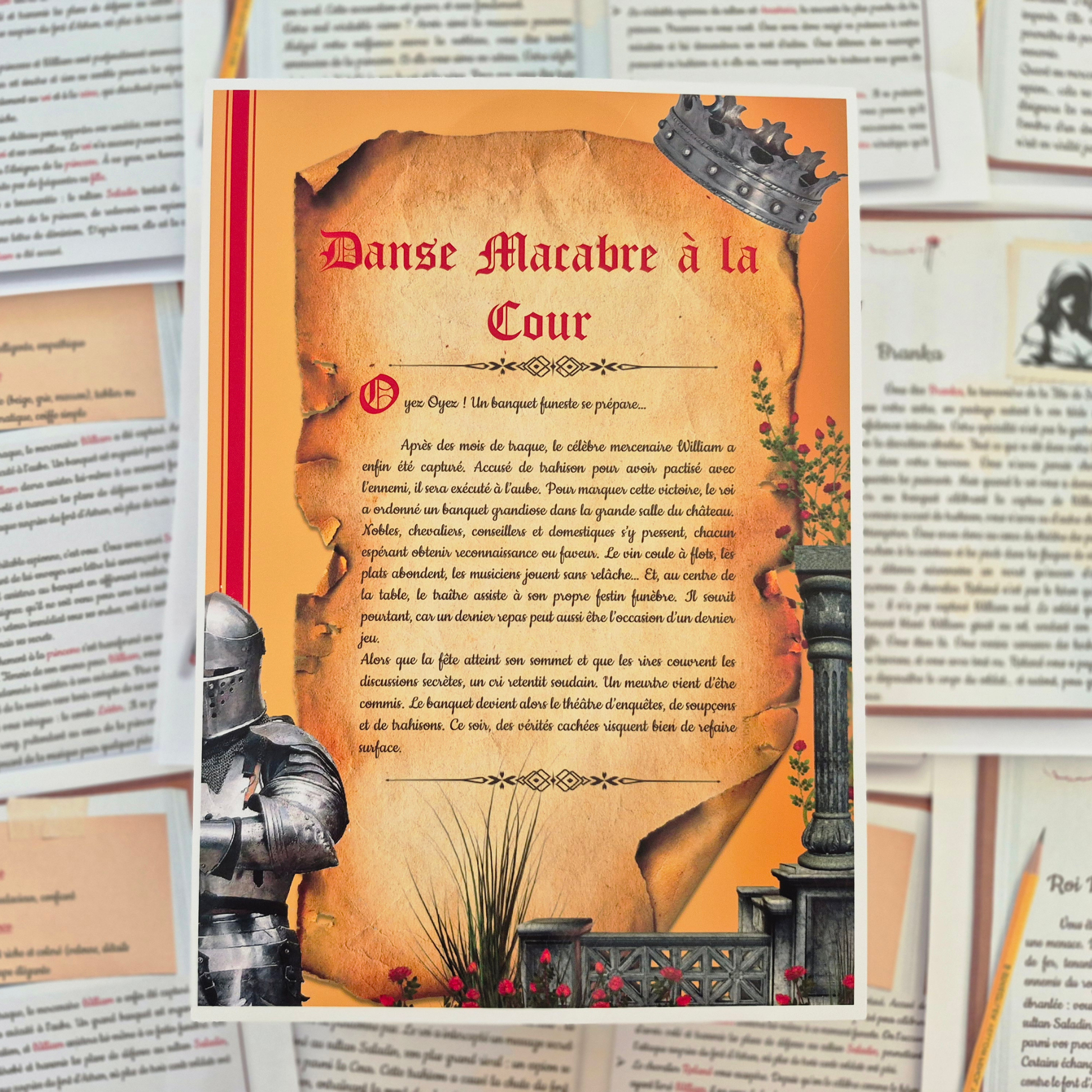 Fiche scénario de murder party imprimée – présentation du thème médiéval, résumé et ambiance du jeu d’enquête Kill Event.