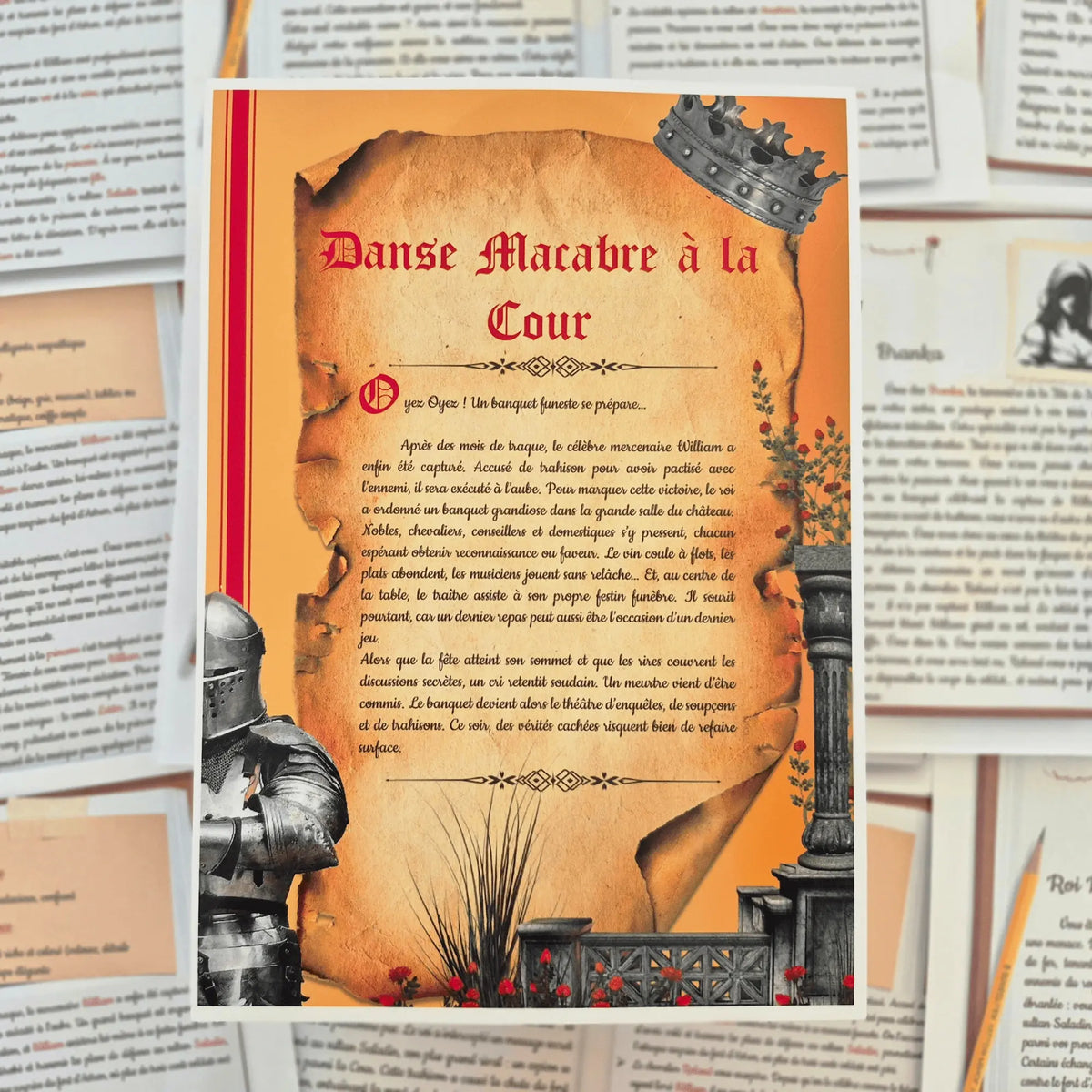 Fiche scénario de murder party imprimée – présentation du thème médiéval, résumé et ambiance du jeu d’enquête Kill Event.