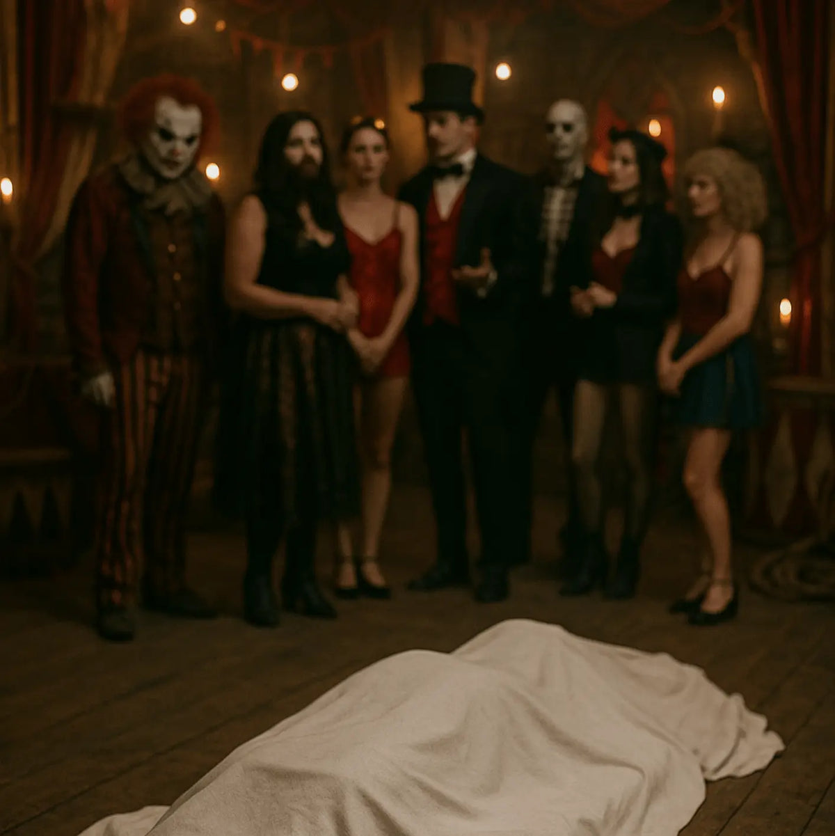 Mise en scène d'un meurtre avec des joueurs déguisés en artistes de cirque et freak show pour un kit murder party Kill Event