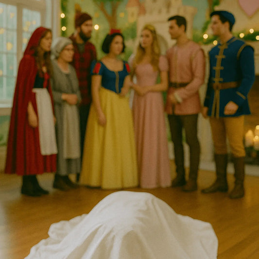 Mise en scène d'un meurtre avec des joueurs déguisés en personnages de contes de fées pour le kit murder party Meurtre au Royaume par Kill Event