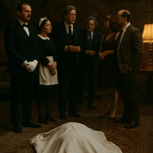 Mise en scène d'un meurtre dans un manoir avec majordome et invités en tenue de soirée pour kit murder party par Kill Event