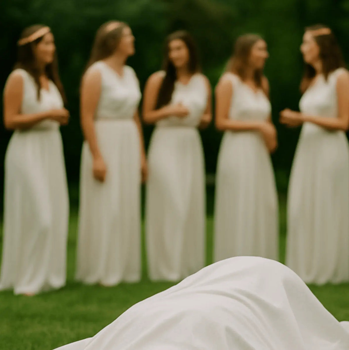 Mise en scène d'un meurtre sur l'Olympe avec des joueuses déguisées en déesses grecques pour le kit murder party Noces Maudites sur l'Olympe par Kill Event
