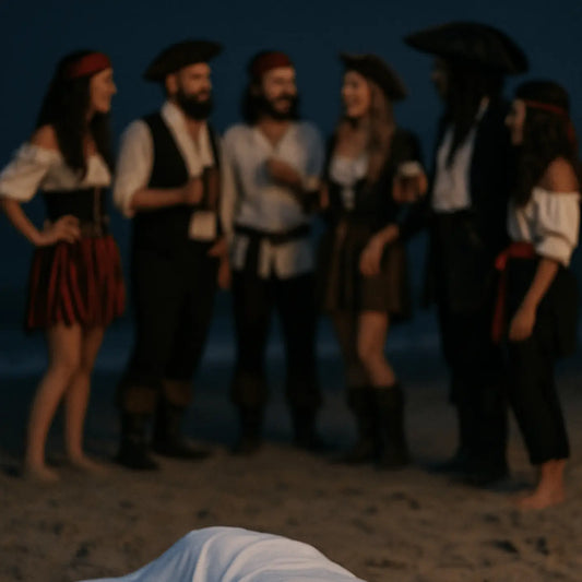 Mise en scène d'un meurtre sur la plage avec des joueurs déguisés en pirates pour le kit murder party Meurtre à Tribord par Kill Event