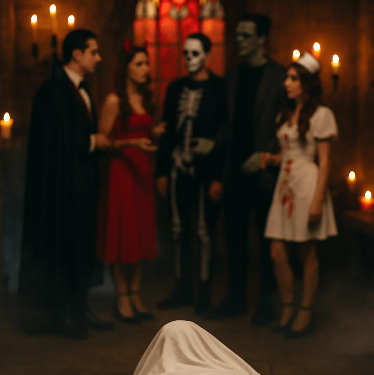 Groupes d'amis déguisés pour Halloween (vampire, diablesse, squelette, Frankenstein, infirmière sanglante) réunis dans une pièce sombre éclairée aux bougies